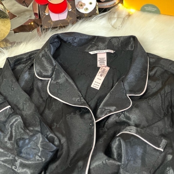 VICTORIA’S SECRET BLACK SATIN SIGNATURE PAJAMAS SHORTS SET WITH WHITE PIPING XL - Picture 5 of 9